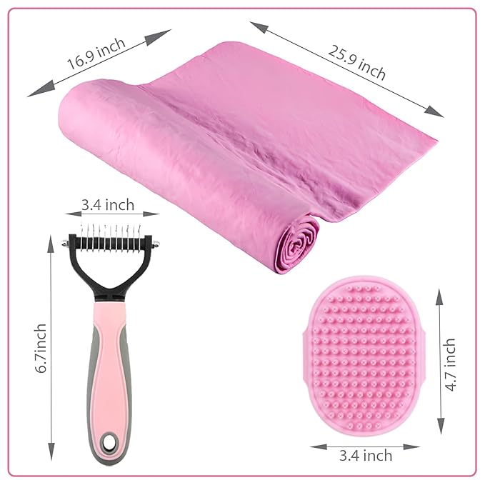 Cat Bath Towel 3pcs Grooming Brush Kit - Shedding Brush for Long-Haired Cats, Indoor Cats with Flea Comb, Pink