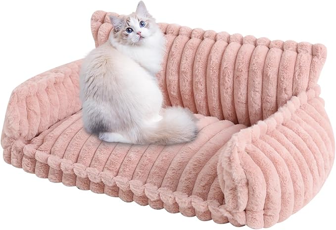 Plush Pet Couch, Soft Cat Bed with Bolster, Comfortable Pet Sofa for Indoor Lounging, Washable Cover, Large Size, Perfect for Medium to Large Breeds (Pink)