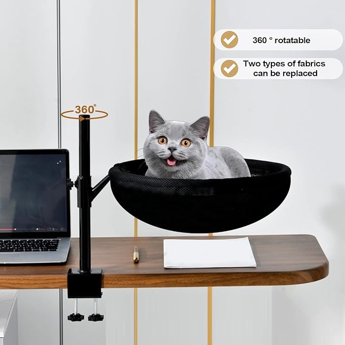 Desk Cat Bed Hammock, 360 Rotating Cat Nest Seat, Space Saving Pet Bed Mounted On Table with Washable Cushion Cover, Modern Cats Furniture for Home Office Setup Desktop Use