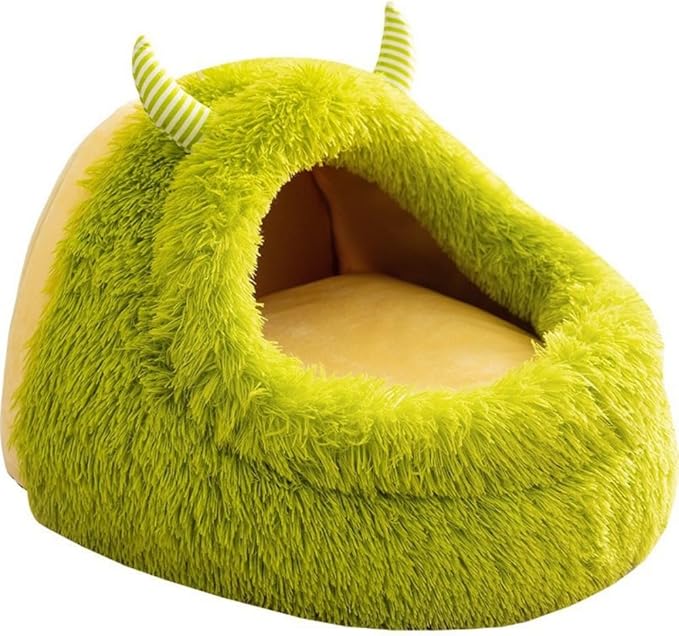 Autumn and Winter Cat Bed Semi-Enclosed Plush Warm Thickened Little Monster Cat Bed Indoor High Cushion Deep Sleep Dog Bed Small and Medium Dog Cat Bed Pet Bed (M,Green)