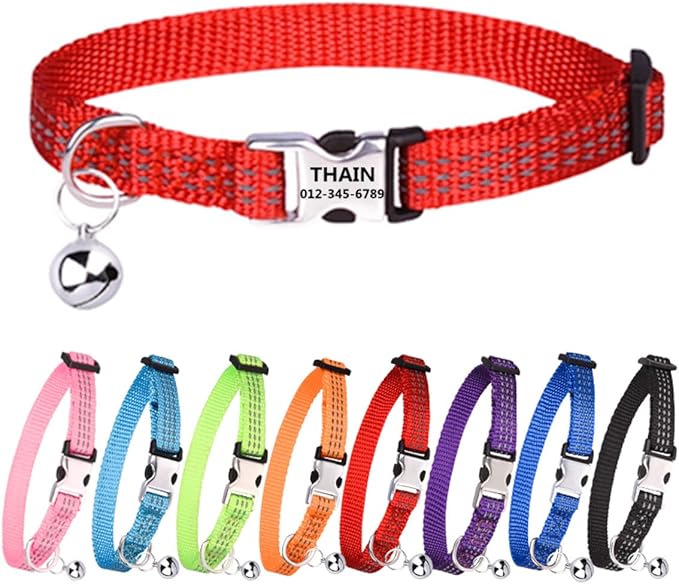 THAIN Cat Collar Personalized Reflective with Bell-Custom Cat Collar Engraved nameplate with Name and Phone,Adjustable for Cats and Kitten (Red)
