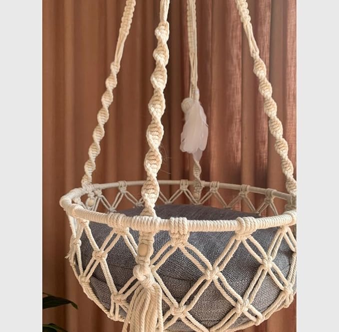 Hanging Cat Bed Tree Macrame Hammock Wall Furniture Swing Crochet Cave Without Any Pillow - Color: Off White