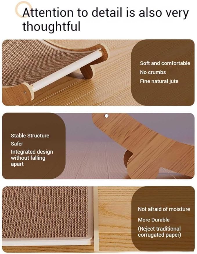 2-in-1 Cat Scratch Chair, Elevated Bed, Hammock Beach Chair Lounger, Wooden Cat Furniture, Cats Lounger with Sisal Mat, Hammocks, Cats Beds Pet Bed Mat (Coffee_15x12Inch)
