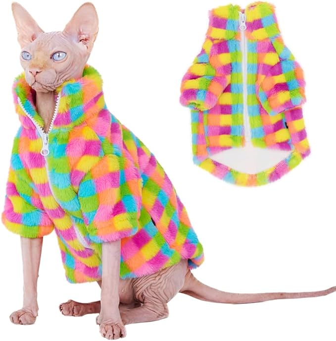 Cat Winter Fleece Jacket with Zipper, Warm Rainbow Fleece Hoodie Fall and Winter, Sphynx Cats Chihuahua Yorkie Puppy Two-Legged Easy to Wear Cat Coat with Zipper (M (3-5.5lbs))