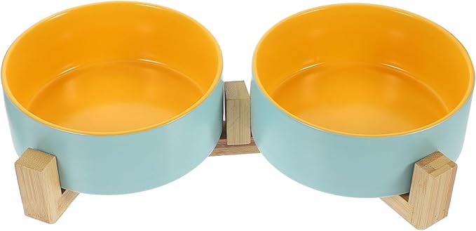 UPKOCH Ceramic Cat Bowl with Wood Stand, Dual Raised Pet Feeding Bowls, Matte Blue and Yellow Small Size, Indoor Cat Accessory for Feeding and Watering