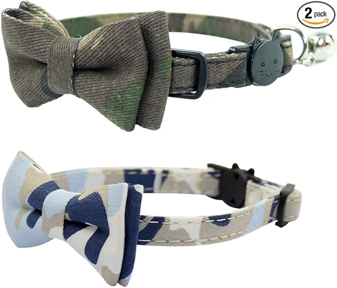 Cat Collar Breakaway with Bell and Bow Tie, Plaid Design Adjustable Safety Kitty Kitten Collars(6.8-10.8in) (Camouflage 2&3)