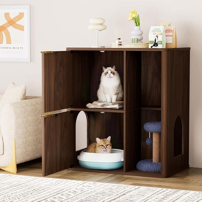 31.5" Cat Litter Box Enclosure Furniture, Fluted Hidden Litter Box Cabinet with Storage Shelf & Scratching Post, Wooden Cat House Side Table with Dual Entry Doors for Indoor Cats, Natural,Walnut