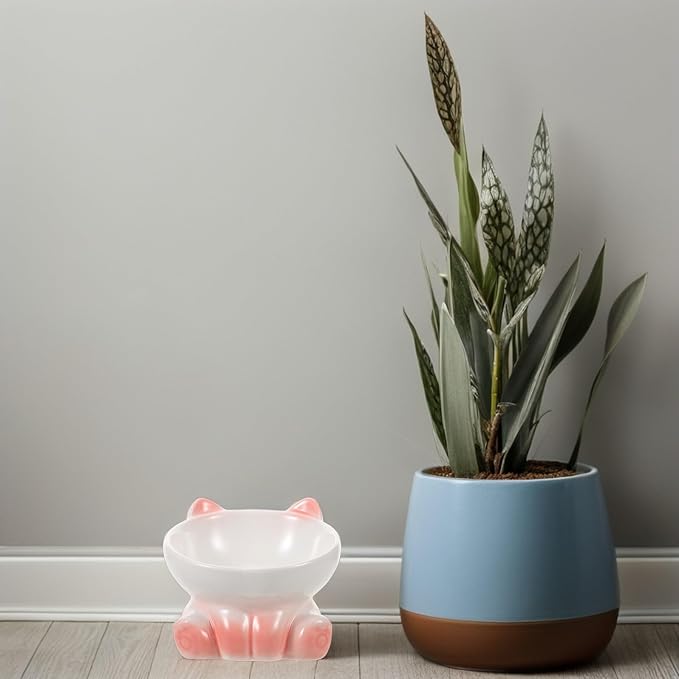 UKCOCO Elevated Tilted Cat Food Bowl with Porcelain Raised Pet Feeder Dish, Gradient White-Pink Ceramic Raised Plate for Cats and Small Dogs, Suitable for Indoor Feeding and Watering