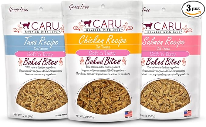 Caru - Soft ‘n Tasty Baked Bites - Variety Pack - Tuna, Chicken and Salmon - Flavorful All-Natural Treats -3 Pack