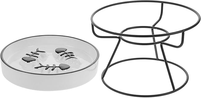 BESTYASH Ceramic Raised Cat Feeding Station with Slow Feed Bowl and Elevated Stand, Black Slow Feeder Dish for Small Dogs and Kittens, Anti-Choke Whisker-Friendly Pet Bowl for Indoor Use