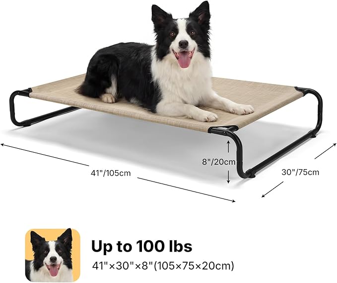 Veehoo Cooling Elevated Dog Bed, Outdoor Dog Bed for Large Dogs, Raised Dog Cot with Thickened Frame, Durable Teslin Mesh & Anti-Slip Rubber Feet, Pet Hammock for Indoor or Camping, 41" x 26", Beige