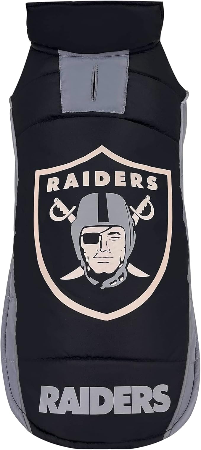 NFL Las Vegas Raiders Puffer Vest for Dogs & Cats, Size Large. Warm, Cozy, and Waterproof Dog Coat, for Small and Large Dogs/Cats. Best NFL Licensed PET Warming Sports Jacket