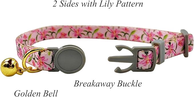 Breakaway Cat Collar, Floral Pattern, Safe Release Buckle, Clear Bell, Polyester Material, for Adult Cats.(Pink Lily)