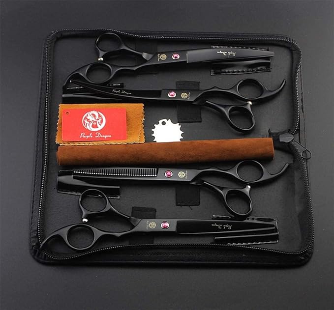 Purple Dragon Professional 7.0 inch 4PCS Pet Grooming Scissors Kit Japan Premium Steel Straight, Curved & Thinning Blade Dog Hair Cutting Shears Set with Case