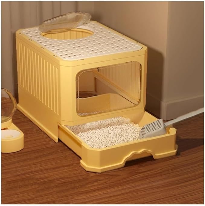 Pet Supplies, Enclosed Cat Litter Box with Lid & Scoop,Front Entry, Top Exit Design(Yellow)