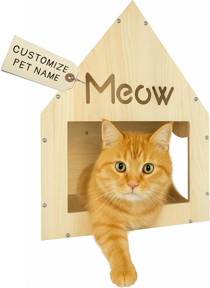 Personalized Cat House with Roof, Custom Cat Name for Cat House, Wooden Cats Bed for Two Indoor Cats, Cat Pods, Wood Furniture for Sleeping Playing Scratching, Your Pet Gift Decor