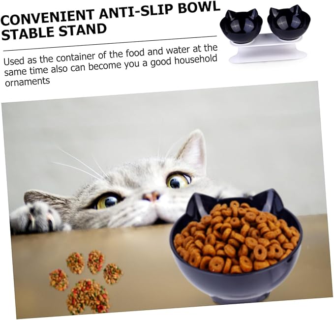 Homoyoyo Double Pet Food Bowl with Cat Ear Design, Black Plastic Raised Feeding and Watering Dish, Tilted Neck Protection, Anti-Spill Cat and Dog Bowl for Indoor Use
