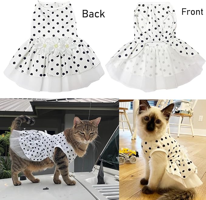 ANIAC Floral Cat Bridal Wedding Dresses Polka Dots Dog Princess Tutu Dress with Flowers Stretchy Breathable Small Puppy Clothes for Girls Pet Birthday Outfit (White, Small)