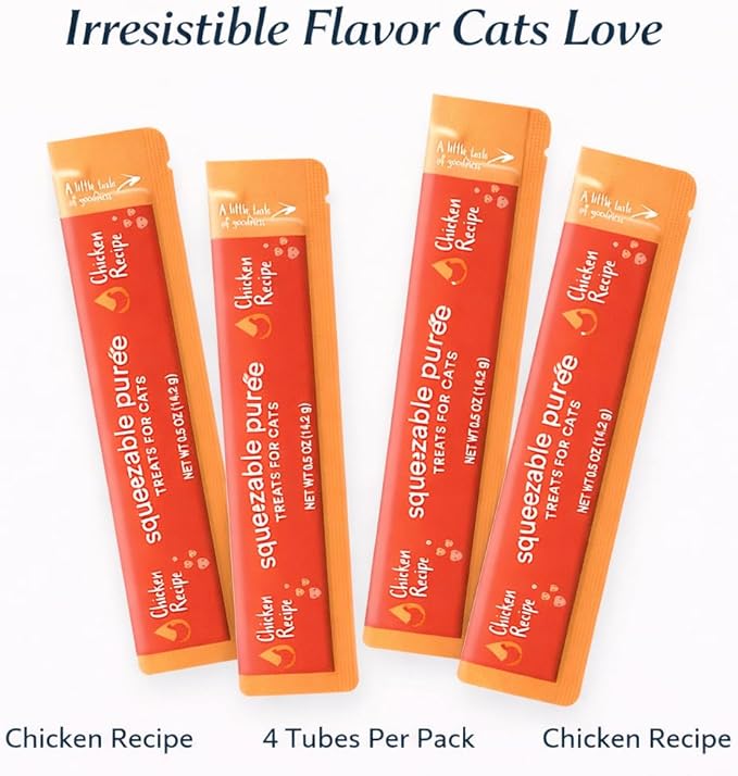 Lickable Cat Treats Squeezable Chicken Puree Tubes (12 x 0.5oz) | Grain Free Creamy Wet Treats for Picky Eaters Kittens Adults High Protein Moisture Rich Food Topper Bonding Snack
