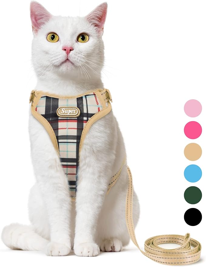 Supet Cat Harness and Leash Escape Proof for Walking, Khaki Plaid Cat Vest Harness and Leash Set for Large and Small Kittens Dogs