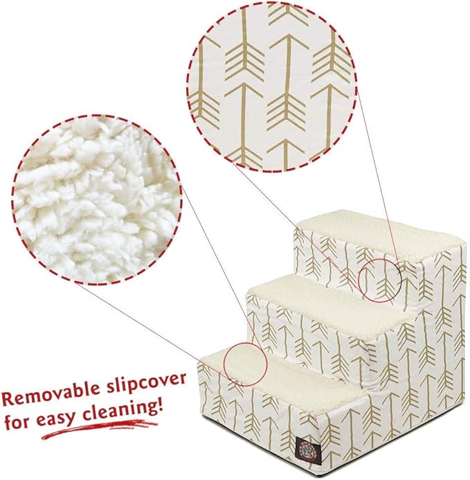 Majestic Pet 3 Step Portable Dog Stairs for Small Dogs to get on Bed Supports 250 lbs or Less – Dog Steps for High Bed with Machine Washable Cover –Pet Stairs for Cats Arrow White/Gold