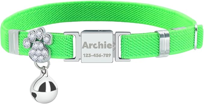 Personalized Safety Elastic Cat Collars with Bell,Laser Customized Stretch Kitten Collars for Girls Boys Cats-Light Green