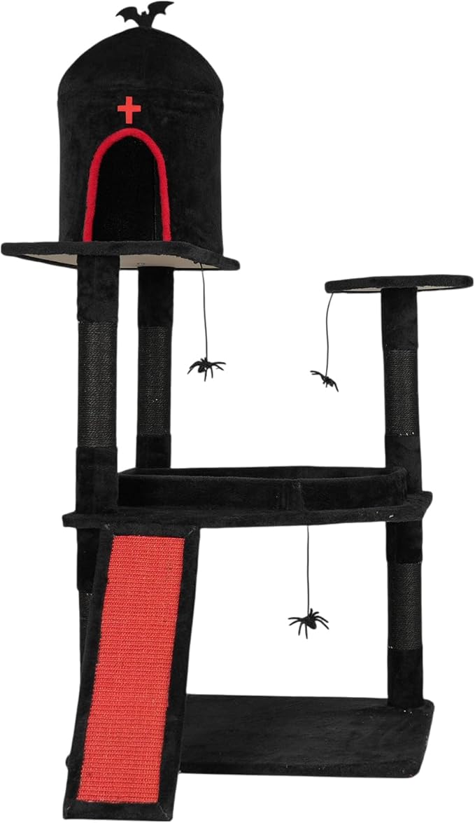 Gothic Cat Tree with Coffin Bed,53" Cat Tower with Spacious Cat Condo，Scratching Posts，Spider Hanging Ball，Multi-Level Cat Activities Furniture for Large Cats, Black Halloween