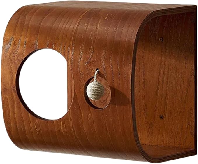 Soild Wood Round Wall Mounted Cat Bed Shelves, Cat Climbing Frame with Cushion, for Cats Sleeping, Playing, Climbing (D-Shaped Walnut Color)