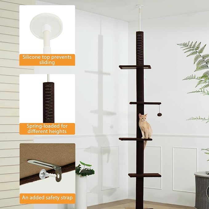 Cat Craft Cat Tree Floor to Ceiling 95-108" Tall Cat Tree Carpet Cat Tower Kitten Tree Sisal Scratching Post and Mat Cat Pole for Indoor Cats, Brown