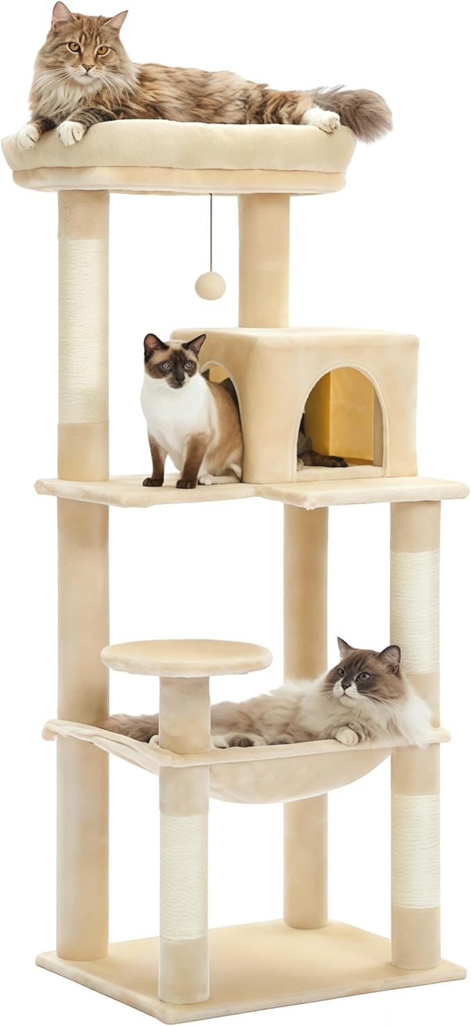 MUTTROS Cat Tree for Large Cats Adult with Metal Plush Big Hammock, 56.3" Cat Tower with 2 Door Condo House, 6-Tier Cat Shelves with Scratching Posts and Large Top Perch, Beige