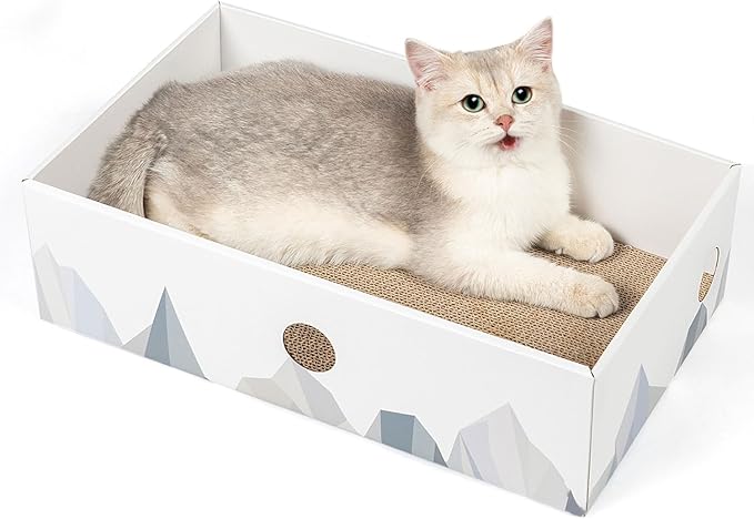 Conlun Cat Scratcher Box with Heavy-Duty Double-Sided Cardboard Pad, Cardboard Lounger, Interactive Hole Design, Cat Bed for Indoor Cats, White, Large