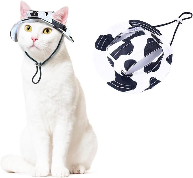 Pet Hat with Ear Holes Sunscreen Cap, Adjustable String Dog Cat Summer Sun Hat,Cat Dog Bucket Hat for Birthday Party Costume Decoration Outdoor Hiking(Black & White, Medium)