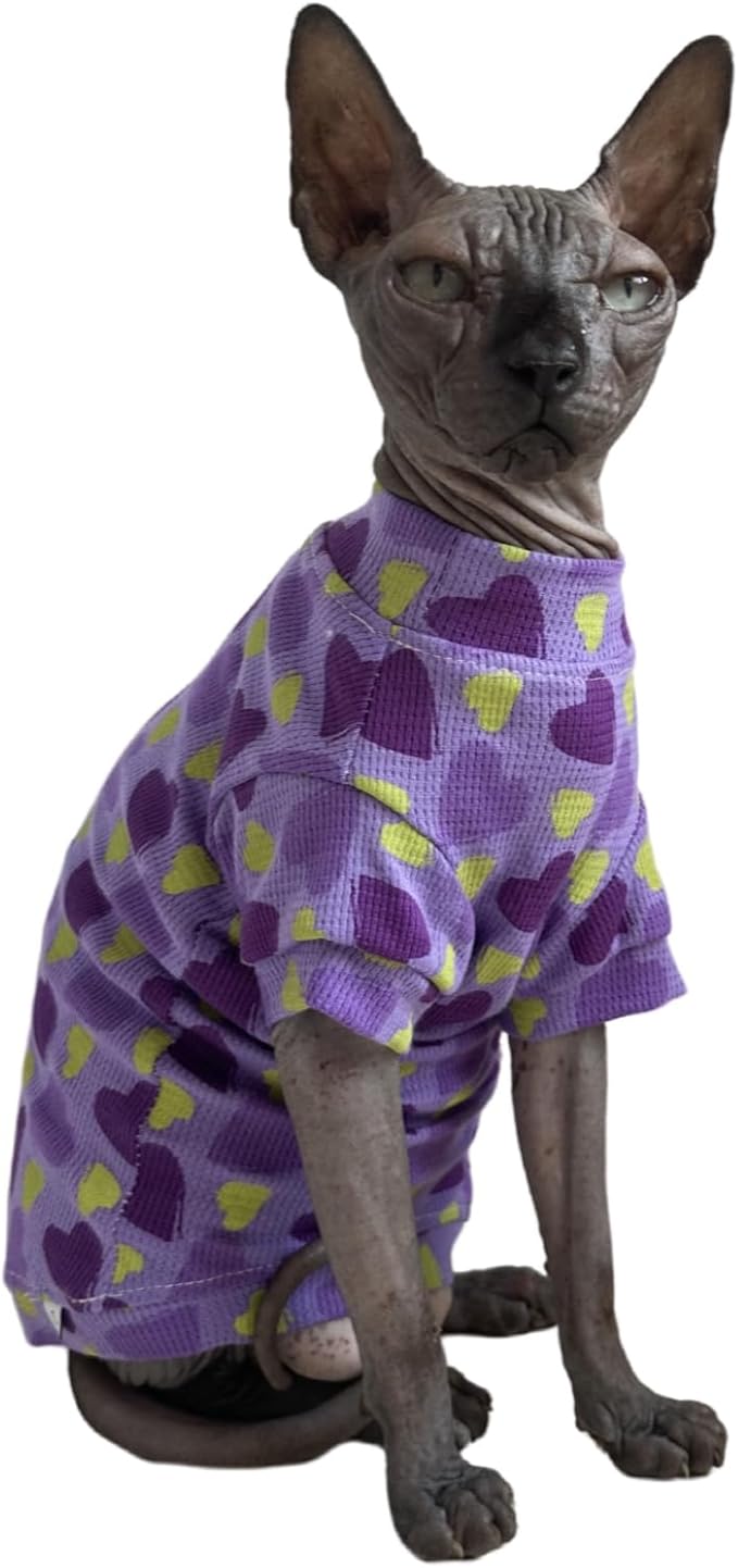 Limited Edition Sphynx Cat Cotton T-Shirts Hairless Cat Sweatshirt Pet Kitten Clothes Round Collar Kitten Shirts Vest Cats & Small Dogs Apparel (Purple Heart, XL (10-12 lbs))