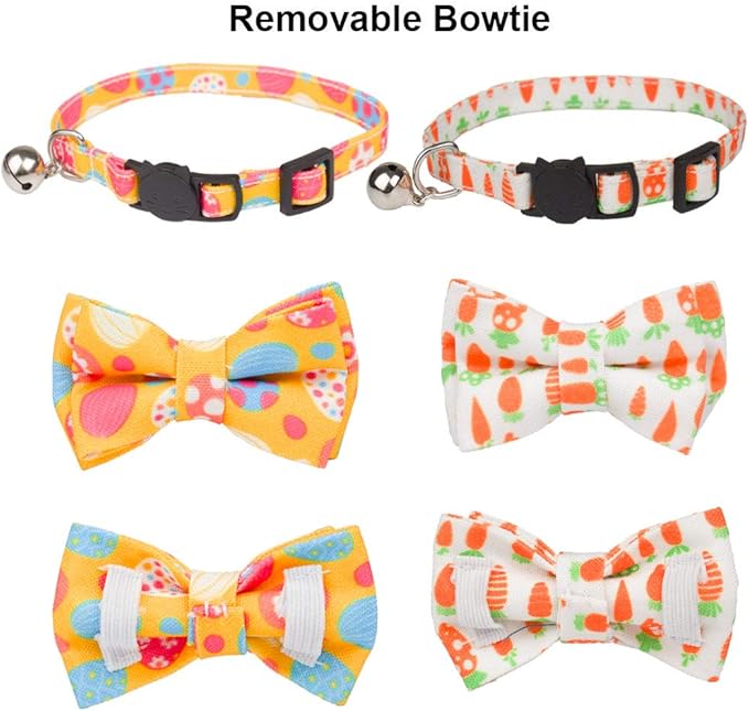 ADOGGYGO 2 Pack Easter Cat Collar with Removable Bow Tie Bell, Breakaway Carrot Pattern Easter Collars for Cat