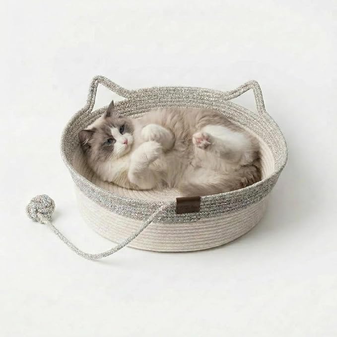 Stimulicat Hand Woven Cotton Rope Cat Bed Basket with Scratching Pad and Ball, Round Boho Pet Nest for Indoor Cats and Small Dogs, Natural Breathable, All-Season (Green, Medium)