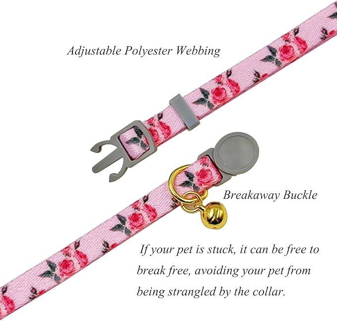 Breakaway Cat Collar, Floral Pattern, Safe Release Buckle, Clear Bell, Polyester Material, for Adult Cats.(Pink Rose)