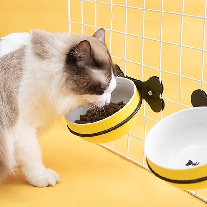 SUPVOX Ceramic Hanging Cat and Dog Bowl Set with Tilted Yellow Fishbone Design, Multi-Function Pet Feeding and Watering Bowl with Iron Hanging Stand for Indoor Cats and Puppies
