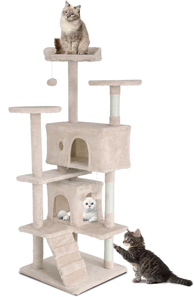54in Cat Tower, Multi-Level Cat Tree with Sisal-Covered Scratching Posts, Condo, Hammock, Dangling Ball & Extended Platform, Pet Furniture for Kittens House Play, Beige