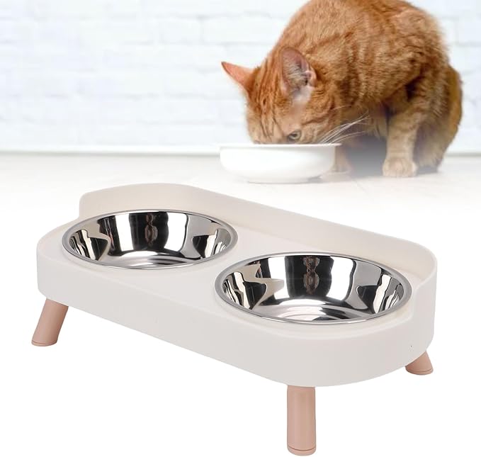 AYNEFY Elevated Cat Bowl,Tilt Proof Stainless Steel Integrated Double Elevated Pet Water Food Bowl Raised Cat Food and Water Dish for Cats and Small Dogs (White)