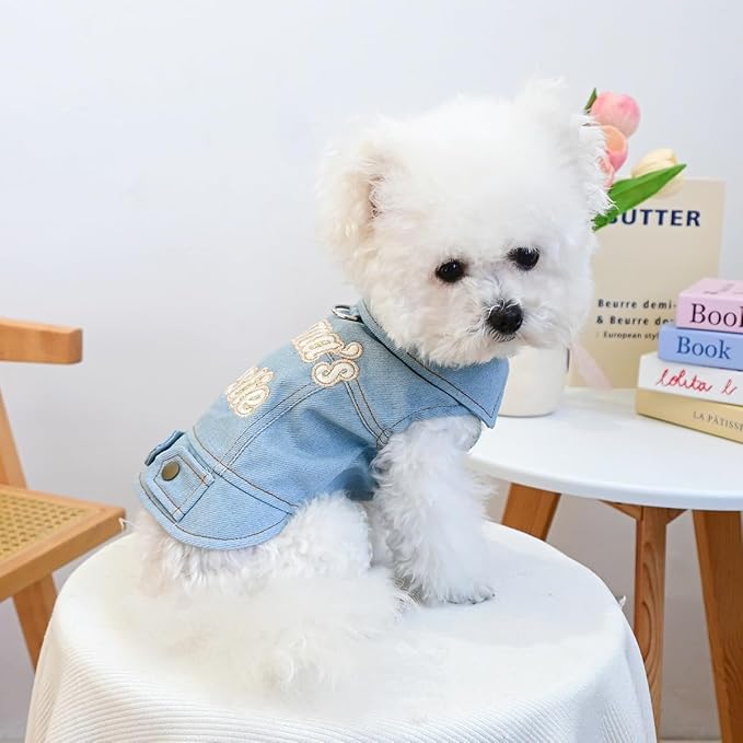 Light Blue Denim Dog Vest for Small Dogs & Cats, “Mama’s Bestie” Embroidered Jean Jacket with D-Ring, Soft Lightweight Pet Outfit for Walks, Parties & Daily Wear(M)