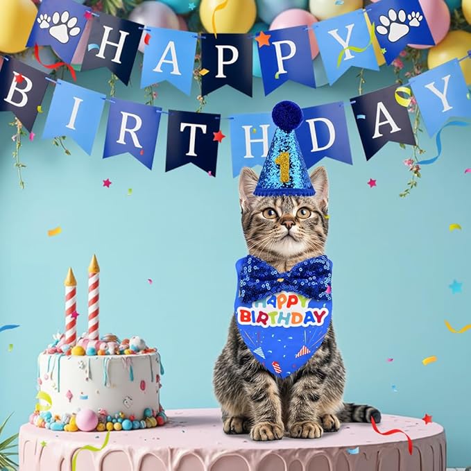 Cat Birthday Party Supplies, Adjustable Cat Birthday Hat with Numbers, Bandana, Bow Tie, Banner for Cat Kittens Decorations, Fun Pet Celebration Kit(Color:Blue)