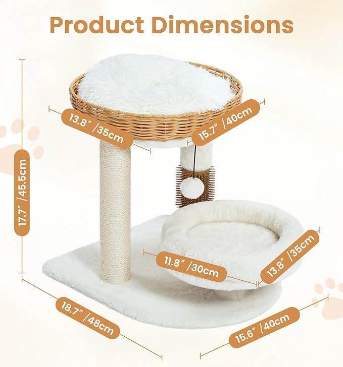 Made4Pets PE Rattan Cat Tree Tower with Scratching Post, 18 inch Small Cat Tree for Kittens, Handwoven Wicker Basket Bed with Soft Cushion, Cozy Cat Bed, Self Groomer and Hanging Plush Ball Toy