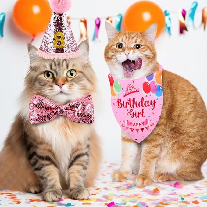 Cat Birthday Party Supplies, Adjustable Cat Birthday Hat with Numbers, Bandana, Bow Tie, Banner for Cat Kittens Decorations, Fun Pet Celebration Kit(Color:Pink)