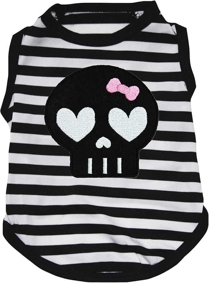 Petitebella Black Skull Face Puppy Dog Shirt (Stripes, Large)