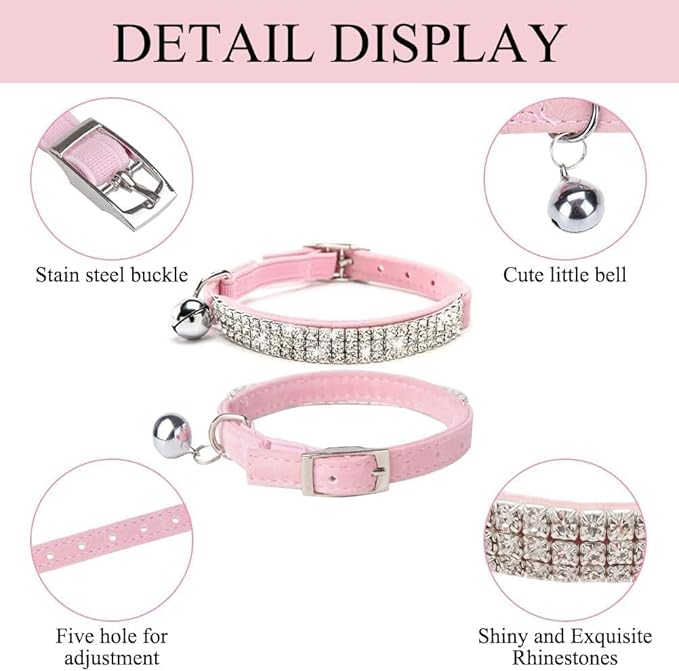 BINGPET 2 Pack Diamond Cat Collar with Bell, Adjustable Soft Velvet Bling Rhinestone Cat Collar, Sparkly Kitten Collar with Metal Buckle and Safety Elastic for Small Medium Cats, Pink & Black