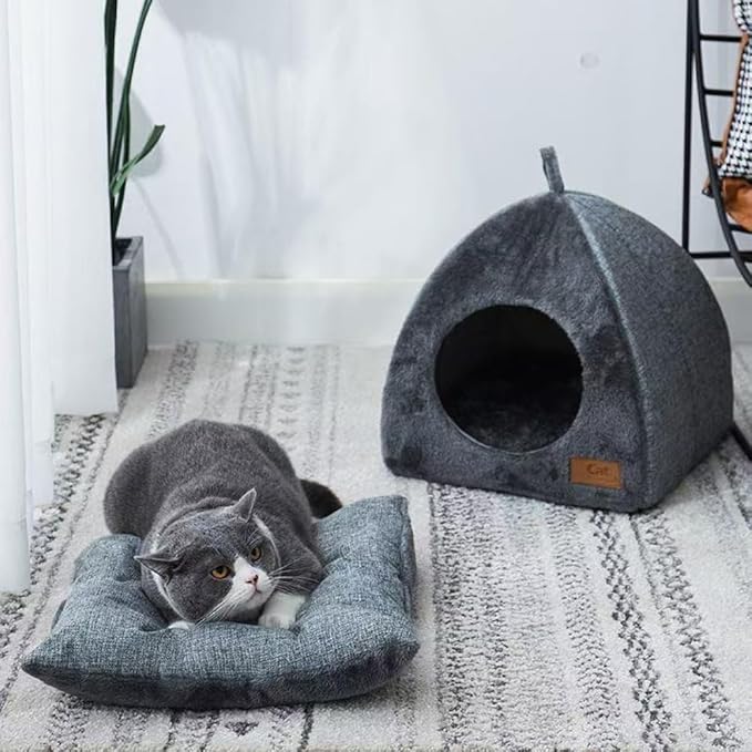 Cozy Plush Cat Cave Bed, Gray, Indoor Self-Warming Enclosed Pet House with Non-Slip Bottom