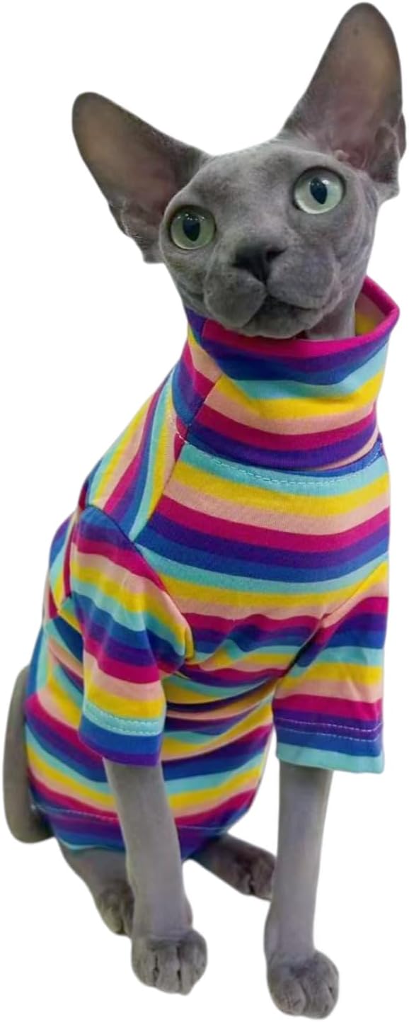 Vintage Stripes Sphynx Hairless Cats Shirt Cotton Cat Turtleneck Pet Clothes Kitten T-Shirts with Sleeves for Sphynx Cornish Rex, Devon Rex, Peterbald (Rainbow Stripe, X-Large (Pack of 1))