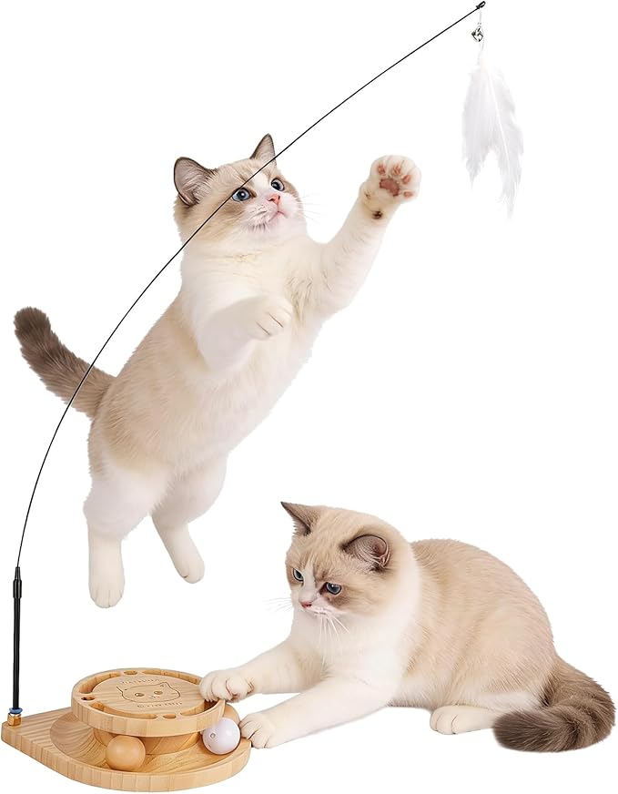 Interactive Cat Toy for Bored Cats - Feather Wand & Track Ball, 15 Replacement Heads, 2 Wooden Balls & 1 Bell Ball, Anti-Slip Base, Easy Assembly Cat Teaser for Kittens & Adult Cats