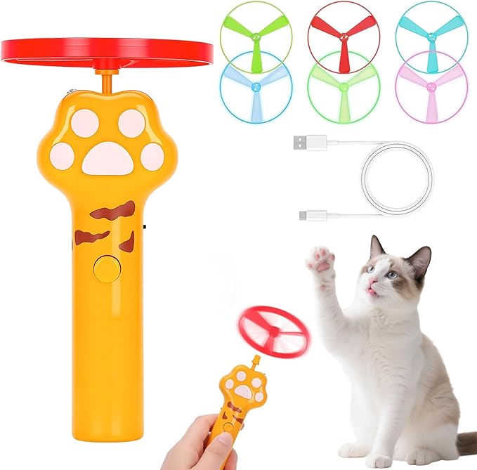 Cat Fetch Toy, Rechargeable Flying Disc Launcher Toy with 6 Flying Discs, Cat Toy Launcher, Flying Bird Cat Toy, Cat Interactive Toys for Outdoor and Indoor (Yellow)