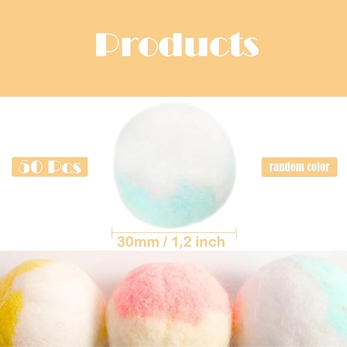 50pcs 1.2 Inch Cat Toy Balls - Soft Pom Pom Balls Bulk Plush Interactive Kitten Toys for Indoor Cats, Craft DIY Assorted Colors, Durable Pet Play & Training Toys